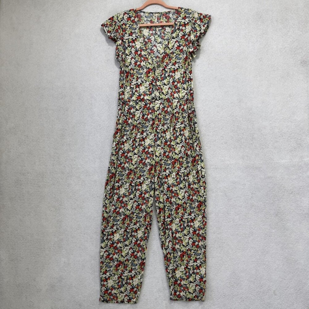 Free People Jumpsuit Womens Small Multicolor Floral Short Sleeve V Neck Boho